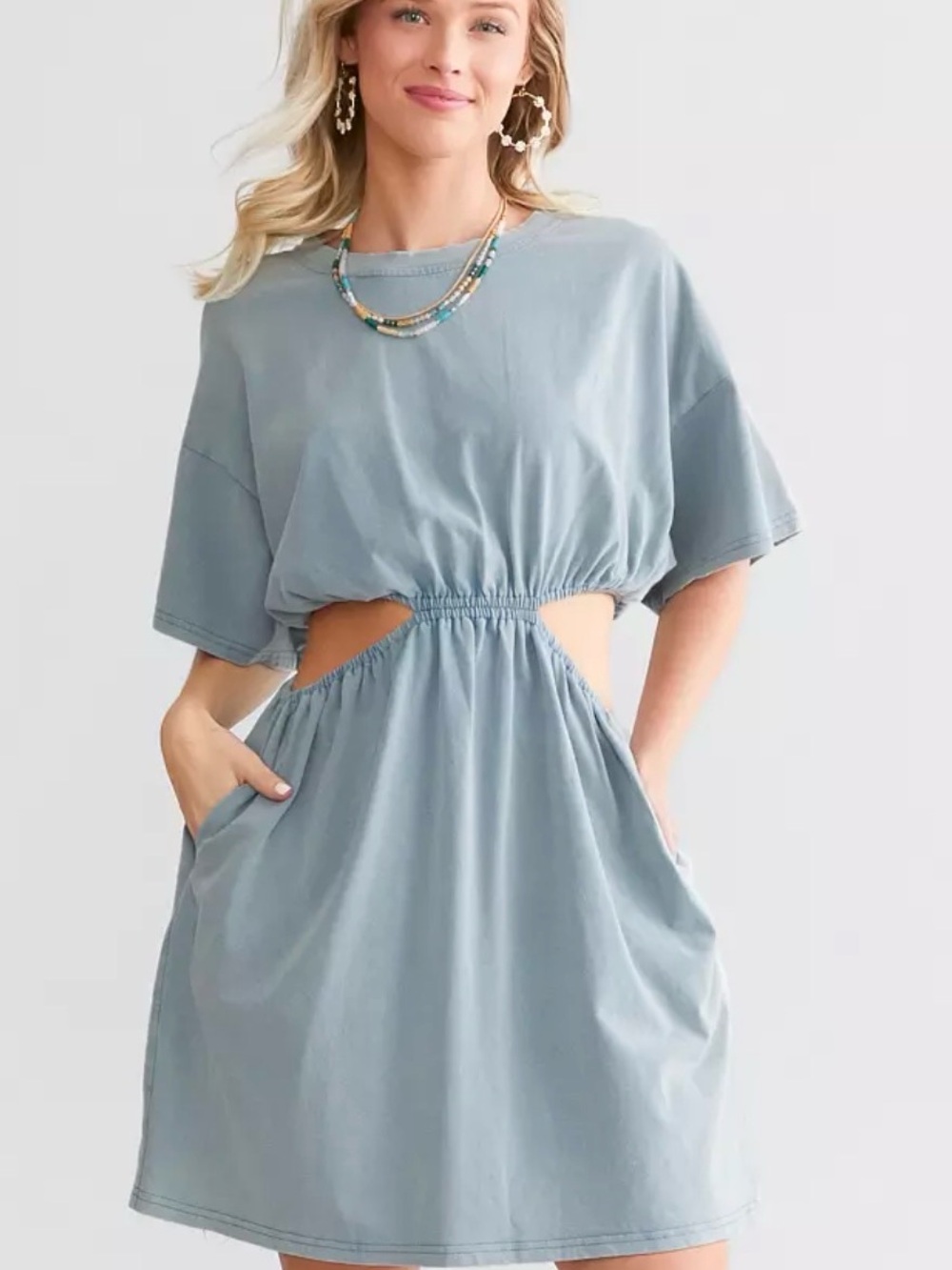 Heyson Blue Cutout Waist Mini Dress M - Casual Pocket Dress